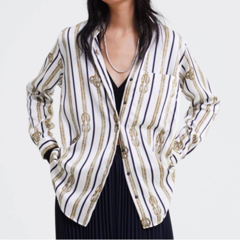 Zara Rope Printed Long Button-Up Satin Like Shirt - Picture 5 of 5